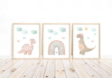 Pastel Dinosaur Boho Rainbow Butterfly Pink Aqua Baby Bedroom Nursery Childrens Art Decor Set of 3 Unframed Prints