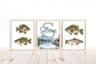 Personalized Monogram Watercolor Fishing Nursery or Little Boys Room Set of 3 Prints, Rustic Outdoor Nautical Themed Decor