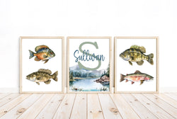 Personalized Monogram Watercolor Fishing Nursery or Little Boys Room Set of 3 Prints, Rustic Outdoor Nautical Themed Decor