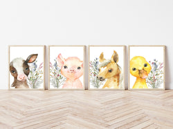 Farm Animal Nursery Little Girls Room Wildflower Decor Set of 4 Unframed Prints Pig Cow Horse and Duck