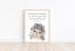 Watercolor Hedgehog Woodland Animal Christian Nursery Unframed Print, Be Strong and Courageous for the Lord is with You, Joshua 1:9