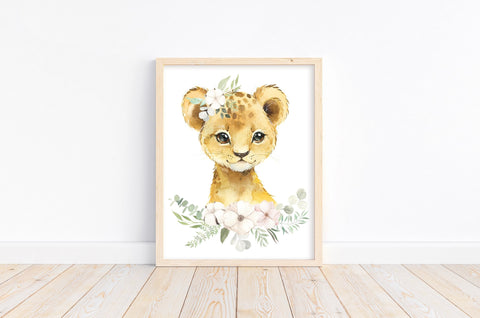 Watercolor Floral Lion Cub Safari Animals Nursery Art Decor Unframed Print