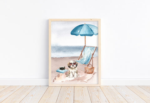 Shih Tzu Puppy Dog at Beach Watercolor Dog Illustration Unframed Print, Nursery Decor, Kid's Bedroom, Laundry Room or Dog Lover