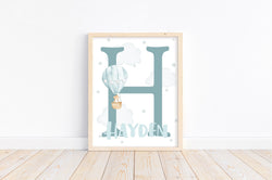 Bear in Hot Air Balloon Watercolor Personalized Name Initial Monogram Custom Nursery Decor Unframed Print