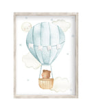 Bear in Teal Hot Air Balloon with Stars and Moon Watercolor Nursery Decor Unframed Print