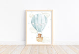 Bear in Teal Hot Air Balloon with Stars and Moon Watercolor Nursery Decor Unframed Print