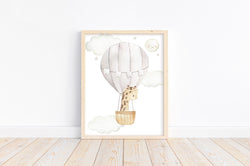 Giraffe in Gray Hot Air Balloon in Sky with Moon and Clouds and Stars Watercolor Nursery Decor Unframed Print
