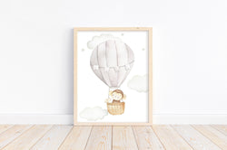 Monkey and Bird in Gray Hot Air Balloon Sky with Moon and Clouds and Stars Watercolor Nursery Decor Unframed Print