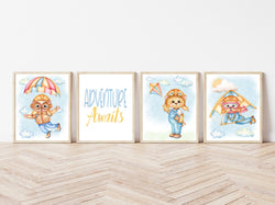 Watercolor Bear Adventures Nursery Decor Set of 4 Unframed Prints - Adventure Awaits - Hang Glider, Kite and Parachute