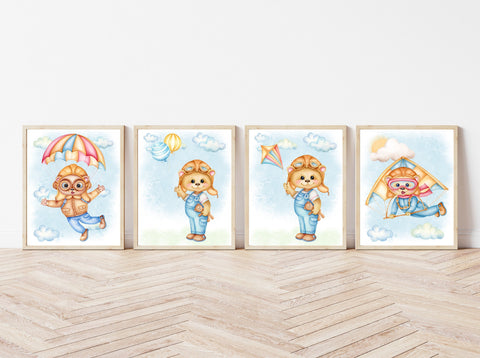 Watercolor Bear Adventures Nursery Decor Set of 4 Unframed Prints - Hang Glider, Kite and Parachute