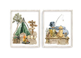 Watercolor Outdoor Rustic Camping and Fishing Little Boy with Dog Nursery Decor Set of 2 Unframed Prints