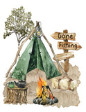 Watercolor Outdoor Rustic Camping and Fishing Little Boy with Dog Nursery Decor Set of 2 Unframed Prints