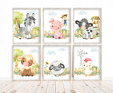 Watercolor Barn Yard Farm Animals Nursery Little Ones Room Decor Set of 6 Unframed Prints - Cow, Pig, Horse, Sheep and Rooster