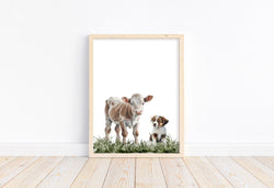 Cow and Dog Watercolor Barn Farmhouse Barnyard Rustic Farm Nursery Decor Unframed Print