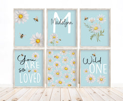 Personalized Watercolor Daisy with Bees Baby Girl Neutral Nursery Decor Set of 6 Unframed Prints Custom Name Pink Nursery