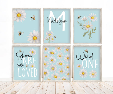 Personalized Watercolor Daisy with Bees Baby Girl Neutral Nursery Decor Set of 6 Unframed Prints Custom Name Pink Nursery