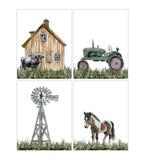 Barnyard Rustic Farm Nursery Decor Set of 4 Unframed Farmhouse Prints Watercolor Barn Green Tractor Horse Windmill