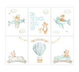 Oh The Places You'll Go Adventure Watercolor Nursery Unframed Set of 6 Prints Airplane and Car Boy Nursery Art