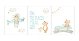 Oh The Places You'll Go Adventure Watercolor Nursery Set of 3 Unframed Prints Airplane and Car Boy Nursery Art