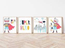 Super Boy Superhero Motivational Nursery Set of 4 Unframed Prints, I Can Do It