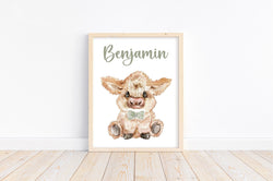 Personalized Watercolor Highland Cow Rustic Farmhouse Baby Boy Nursery Unframed Print - Baby Name Letter Initial Monogram