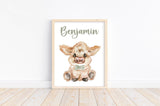 Personalized Watercolor Highland Cow Rustic Farmhouse Baby Boy Nursery Unframed Print - Baby Name Letter Initial Monogram