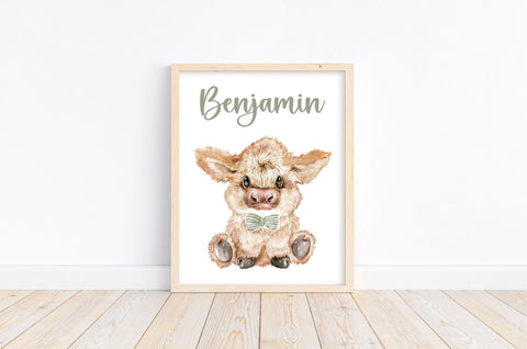 Personalized Watercolor Highland Cow Rustic Farmhouse Baby Boy Nursery Unframed Print - Baby Name Letter Initial Monogram