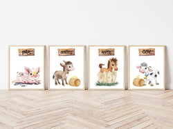 Cow, Pig, Horse and Donkey Watercolor Farm Animal Nursery Little Boys Room Decor Set of 4 Unframed Prints