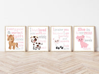 Farm Animals Christian Nursery Decor Set of 4 Unframed Prints, Cow, Pig, Sheep and Horse with Bible Verses
