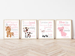 Farm Animals Christian Nursery Decor Set of 4 Unframed Prints, Cow, Pig, Sheep and Horse with Bible Verses