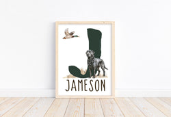 Personalized Watercolor Black Lab and Duck Rustic Wilderness Outdoor Hunting Nursery Decor Unframed Print - Baby Name and Initial