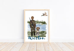 Watercolor Father Son Duck Hunting with German Shorthaired Pointer Dog Nursery Little Boys Room Unframed Print, Rustic Outdoor Themed Decor