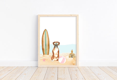 Boxer Puppy Dog at Beach Watercolor Dog Illustration Unframed Print, Nursery Decor, Kid's Bedroom, Laundry Room or Dog Lover
