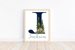 Personalized Woodland Bear Rustic Outdoor Wilderness Themed Baby Boy Nursery Decor Unframed Print - Baby Name Letter Initial Monogram