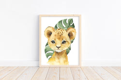 Watercolor Lion Cub and Monstera Leaves Safari Animals Nursery Art Decor Unframed Print