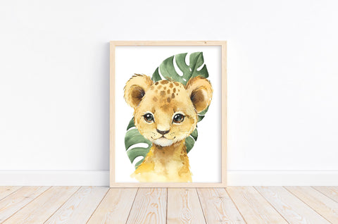 Watercolor Lion Cub and Monstera Leaves Safari Animals Nursery Art Decor Unframed Print