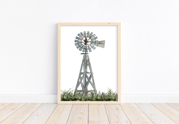 Watercolor Windmill Farmhouse Rustic Barnyard Farm Nursery Decor Unframed Print