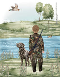 Watercolor Boy Duck Hunting with Lab Dog Nursery Little Boys Room Unframed Print, Rustic Outdoor Themed Decor