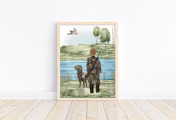 Watercolor Boy Duck Hunting with Lab Dog Nursery Little Boys Room Unframed Print, Rustic Outdoor Themed Decor