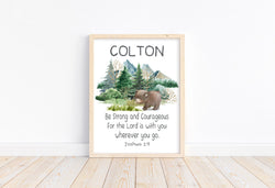 Personalized Woodland Bear Watercolor Christian Nursery Decor Unframed Print Be Strong and Courageous for the Lord is with You Joshua 1:9