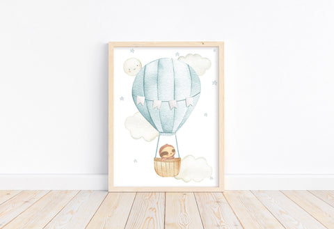 Sloth in Hot Air Balloon Watercolor Nursery Decor Unframed Print