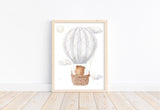 Bear in Gray Hot Air Balloon with Stars and Moon Watercolor Nursery Decor Unframed Print