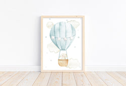 Elephant in Teal Hot Air Balloon with Stars and Moon Watercolor Nursery Decor Unframed Print