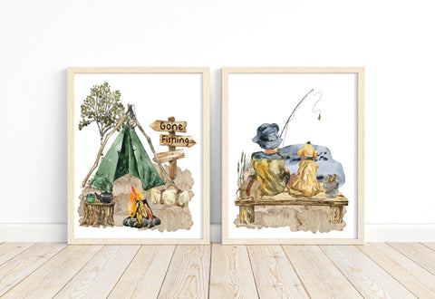 Watercolor Outdoor Rustic Camping and Fishing Little Boy with Dog Nursery Decor Set of 2 Unframed Prints