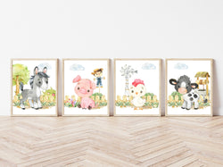 Farm Animal Nursery Little Boys or Girls Room Decor Set of 4 Unframed Prints - Cow, Pig, Horse and Rooster
