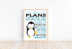 Penguin Arctic Animal Christian Nursery Decor Unframed Print - For I Know The Plans I Have For You - Jeremiah 29:11