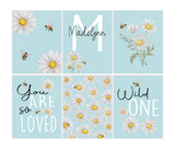 Personalized Watercolor Daisy with Bees Baby Girl Neutral Nursery Decor Set of 6 Unframed Prints Custom Name Pink Nursery