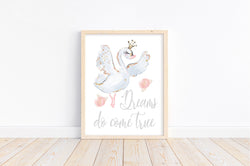 Watercolor Ballerina Swan Pink White and Gold Ballet Nursery Little Girls Room Decor Unframed Print - Dreams Do Come True