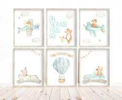 Oh The Places You'll Go Adventure Watercolor Nursery Unframed Set of 6 Prints Airplane and Car Boy Nursery Art