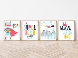 Super Boy Superhero Motivational Nursery Set of 4 Unframed Prints, Be Brave Little One, A Superhero Sleeps Here